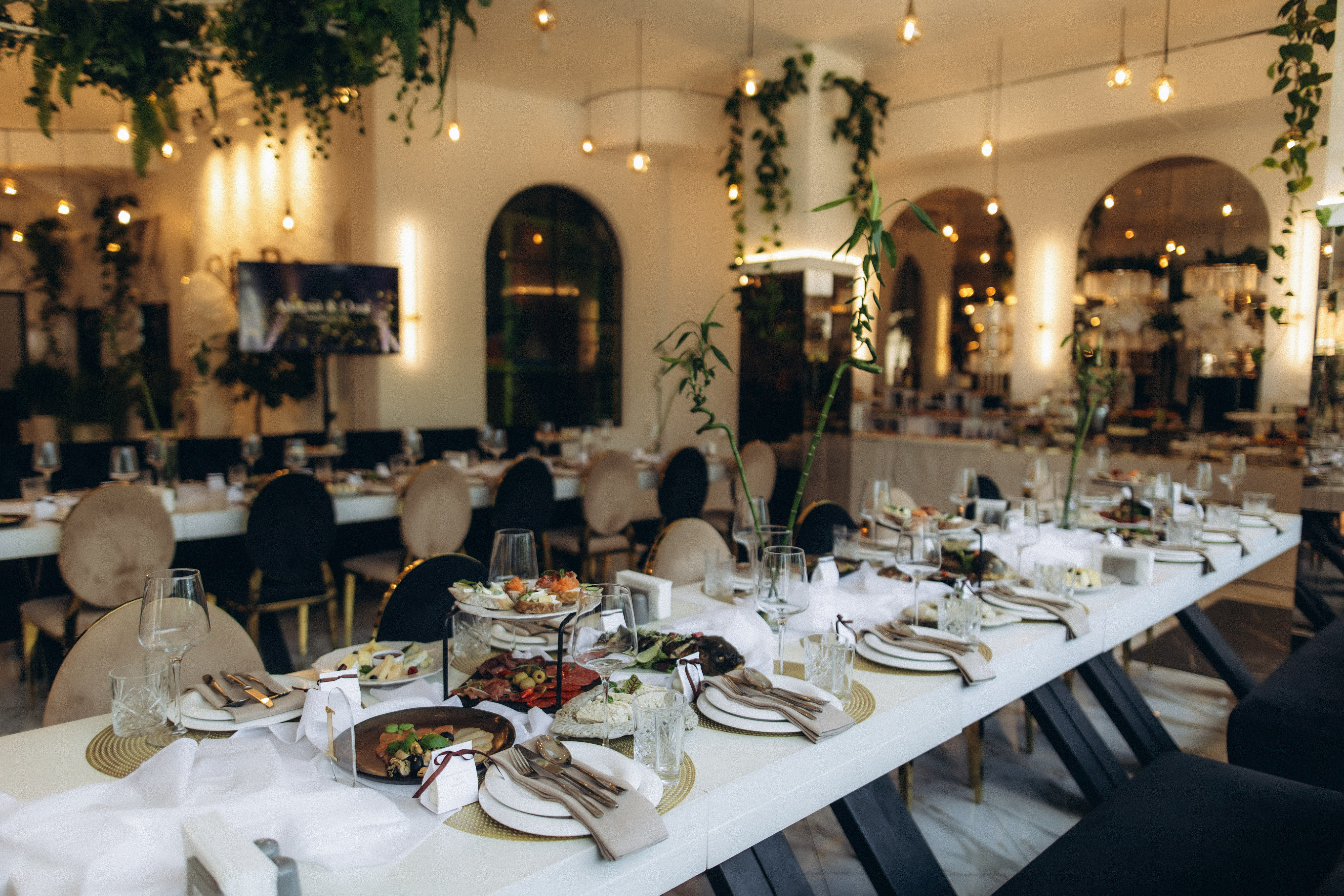 Tables set for an elegant catered event