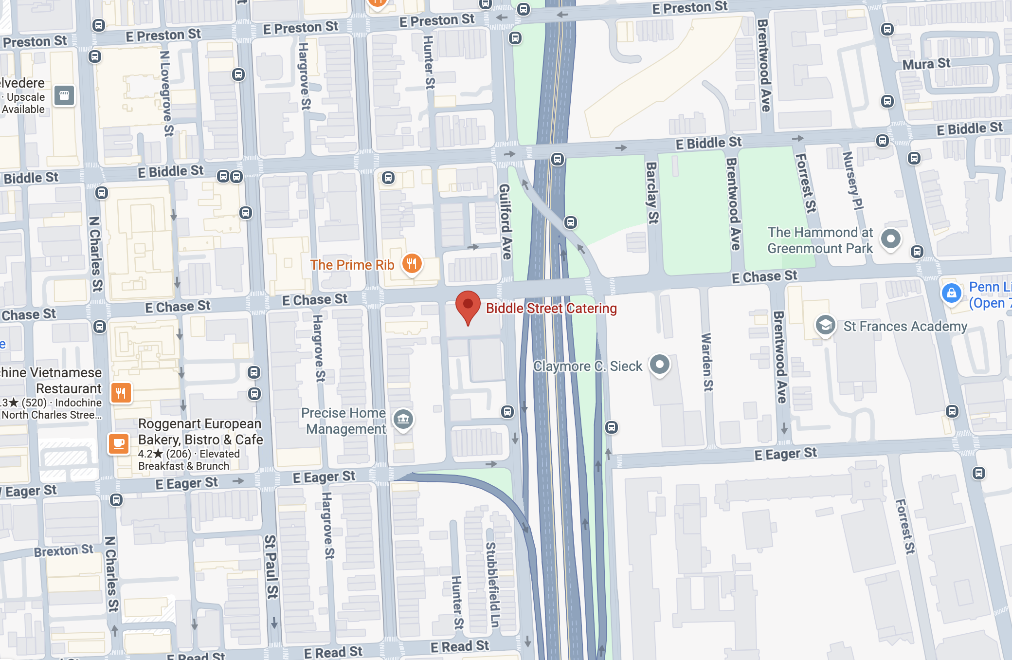 Map showing 215 East Chase Street in Baltimore